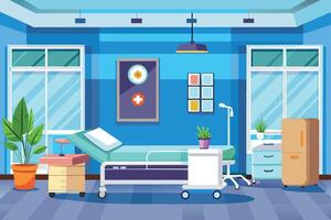 Modern hospital room with bright blue walls and medical equipment during the daytime vector