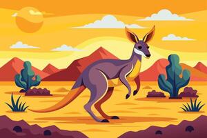 A kangaroo hops across a vibrant desert landscape during sunset with mountains and cacti in the background vector