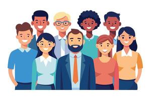 A diverse group of smiling colleagues standing together in a modern office setting, showcasing teamwork and collaboration in a positive environment vector