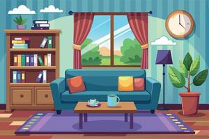 Cozy living room interior with colorful furniture and a scenic view on a sunny day, creating a warm and inviting atmosphere for relaxation vector