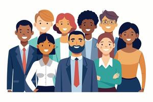 A diverse group of professionals posing together in a modern office setting during a sunny afternoon vector