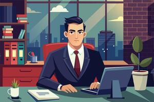 Young professional man in a suit working at his office desk with a city view in the background during the daytime vector