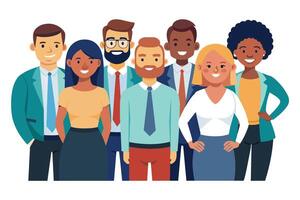 A diverse group of seven professionals in business attire posing together in a corporate office setting during daylight vector