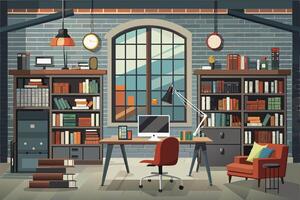 A cozy and modern home office with bookshelves and a large window, showcasing a comfortable workspace during daylight vector