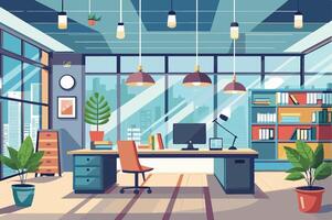 Modern office workspace with large windows, urban view, plants, and stylish lighting during daylight hours in a contemporary environment vector