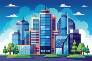A vibrant urban skyline showcasing modern architecture and lush green spaces during clear skies in a bustling city setting vector