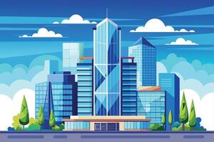 Modern skyscrapers reflecting blue sky and clouds with trees lining the foreground in a vibrant cityscape during the daytime vector