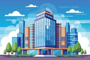 Modern skyscraper complex surrounded by greenery and cityscape under a clear blue sky in a vibrant urban setting vector