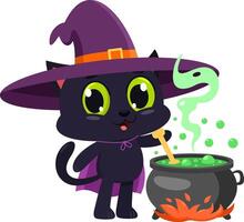 Cute Halloween Witch Black Cat Cartoon Character Preparing A Potion In A Cauldron vector