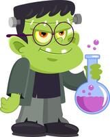 Cute Halloween Frankenstein Cartoon Character Holding A Flask With Fluid Inside vector