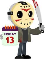 Cute Jason Murderer Cartoon Character Showing Calendar Friday The 13Th And Holding A Bloody Machete vector