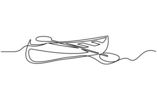 Single continuous line drawing canoe trails and rafting club with kayaking equipment vector