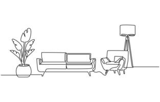 Continuous one line drawing of couch or sofa with lamp and potted plant vector