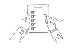 Single one line drawing doctor hand with clipboard and pen. Doctor takes notes in clipboard. Medical report. Patient care check list template. Continuous line draw design graphic illustration vector
