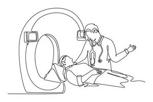 Continuous one line drawing male doctor giving consultation before MRI procedure to patient suffered stroke brain damage. Medical treatment service. Single line draw design graphic illustration vector