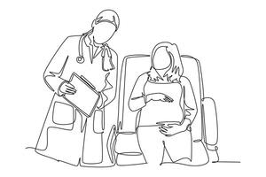 Single continuous line drawing female obstetrics and gynecology doctor talking to patient and explaining condition of her womb. Pregnant health care. One line draw graphic design illustration vector