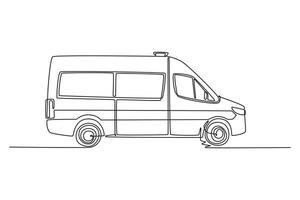 Single continuous line drawing of hospital ambulance car or vehicle to rescue critical patient at accident. 911 emergency call to help with ambulance. One line draw graphic design illustration vector