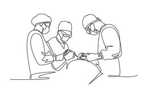 Continuous one line drawing group of team surgeon doctor doing surgery operation to the patient with critical condition. Operating surgery concept. Single line draw design graphic illustration vector