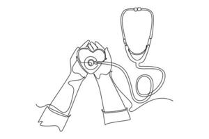 Single one line drawing doctor hands holding stethoscope with heart shape decoration as symbol healthy heart beat. Medical health care concept. Continuous line draw design graphic illustration vector