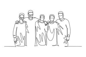 Continuous one line drawing group of surgeon doctors standing and hugging after doing operating surgery at hospital. Medical care treatment concept. Single line draw design graphic illustration vector