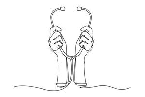 Single continuous line drawing doctor hands raised up and holding stethoscope. Medical help for sick patient in hospital or clinic health care. Dynamic one line draw graphic design illustration vector