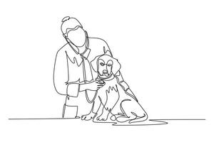 Single continuous line drawing helpful female veterinarian examining and take care sick dog because of virus. Pet health care service concept. Dynamic one line draw graphic design illustration vector