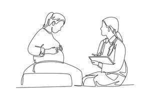Single continuous line drawing female obstetrics and gynecology doctor giving consultation session to pregnant patient. Pregnancy health care concept. One line draw graphic design illustration vector