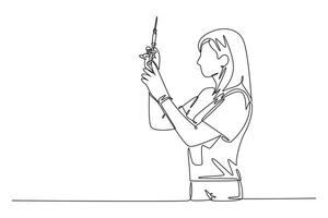 Single continuous line drawing female doctor testing syringe injection work properly to inject vaccine to patient. Medical healthcare concept. Dynamic one line draw graphic design illustration vector