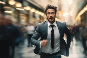 Corporate race - a businessman running, embodying concept of fast work and corporate lifestyle, illustrating demands of modern life and pursuit of business success in a dynamic world. photo