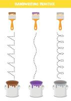 Tracing lines for kids. Cartoon paint cans and paint brushes. Handwriting practice for children. vector
