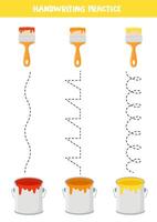 Tracing lines for kids. Cartoon paint cans and paint brushes. Handwriting practice for children. vector