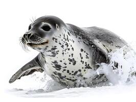 Seal sliding on ice, isolated on a white background photo
