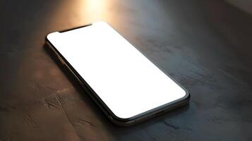 smartphone with blank white screen lying on a dark surface photo