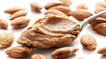 Smooth almond butter in a spoon surrounded by whole almonds on a white background photo