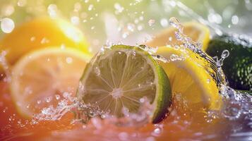 vibrant lime lemon slices splashing in water with refreshing effect photo