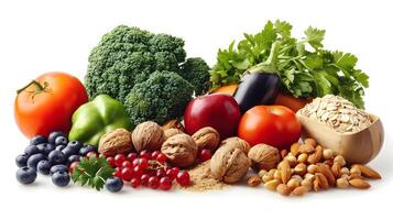Fresh assortment of vegetables, nuts, and fruits on a white background photo