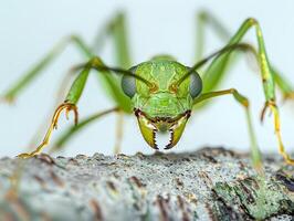 Green ant front view on a branch isolated on white background photo