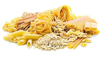 Assorted pasta shapes including fusilli and penne photo