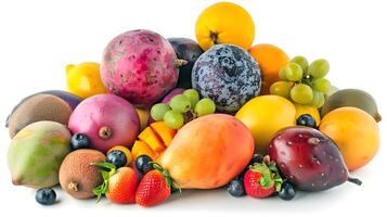 vibrant assortment of fresh tropical fruits on a white background photo