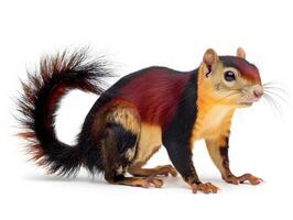 Red and black squirrel on a branch, isolated on a white background photo