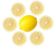 Top view set of single fresh ripe yellow lemon fruit with halves or slices isolated on white background with clipping path photo