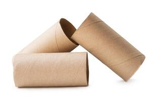 Side view of brown tissue paper cores in stack after tissue paper used isolated on white background with clipping path photo