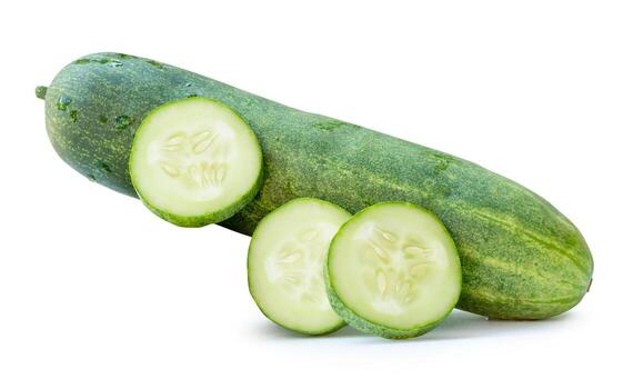 Side view of fresh green cucumber with slices in circle shape in stack isolated on white background with clipping path photo