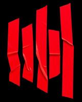 Top view set of wrinkled red scotch tape or adhesive vinyl tape in stripes isolated on black background with clipping path photo