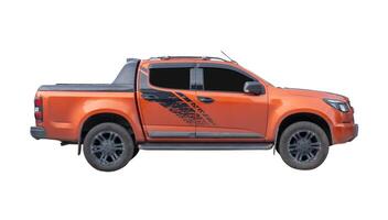 Side view of red pickup truck isolated on white background with clipping path photo