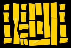 Top view set of wrinkled or crumpled yellow adhesive vinyl tape or cloth tape in stripes shape isolated on black background with clipping path photo