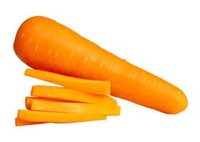 Side view of orange carrot with slices in stick shape in stack isolated on white background with clipping path photo