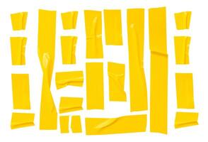 Top view set of wrinkled or crumpled yellow adhesive vinyl tape or cloth tape in stripes shape isolated on white background with clipping path. photo