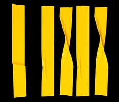 Top view set of wrinkled or crumpled yellow adhesive vinyl tape or cloth tape in stripes shape isolated on black background with clipping path photo