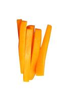 Top view of orange carrot slices in stick shape in stack isolated on white background with clipping path photo
